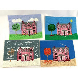 VTG 4 PC Needlepoint Yarn Art Embroidered Houses Artwork Wall Art Mini 13"X9.5"